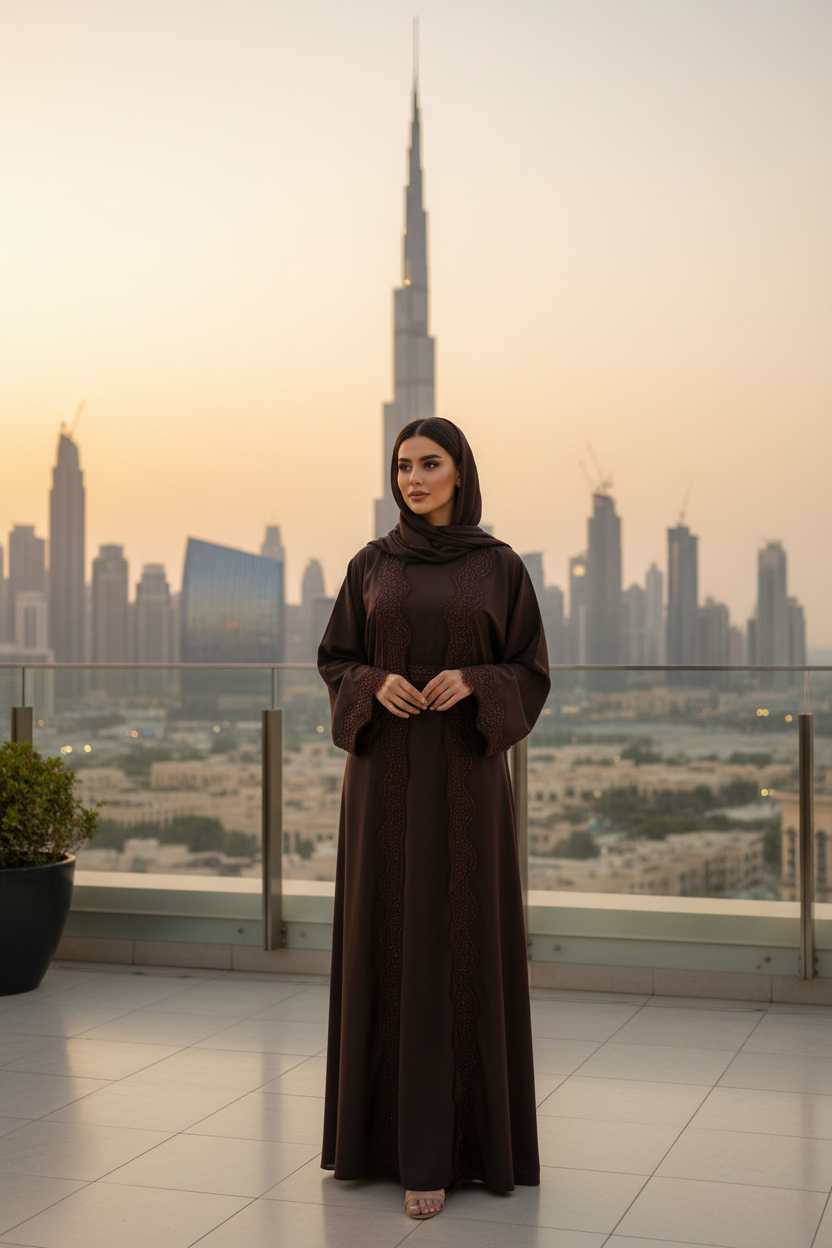 Abaya marron sur un rooftop à Dubaï