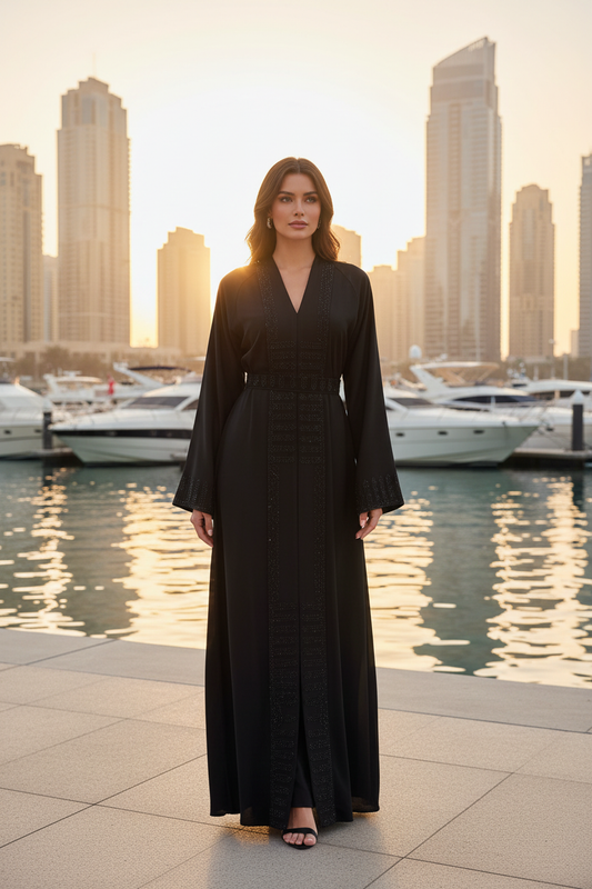 Abaya noire ceinturée à Dubai Marina