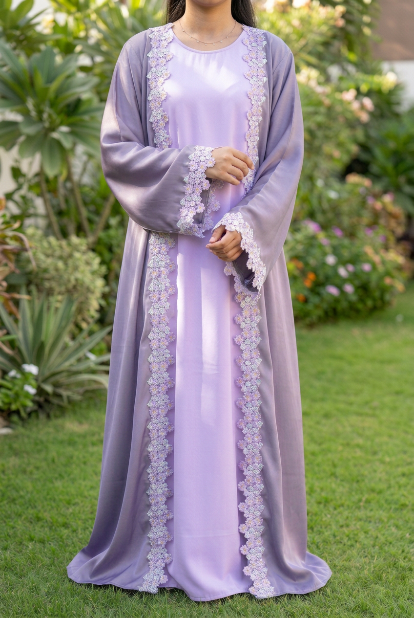 Abaya turquoise avec broderies florales noires col V manches évasées