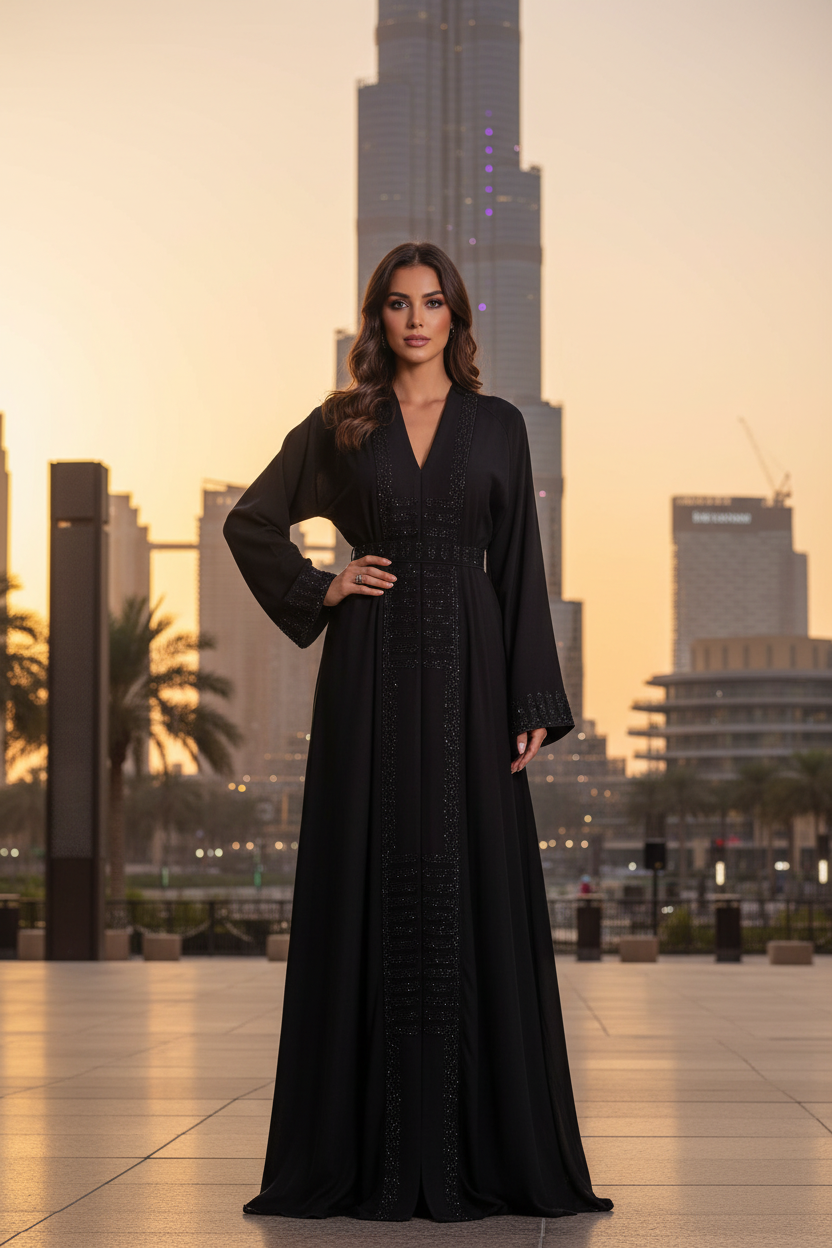 Abaya noire ceinturée au Burj Khalifa