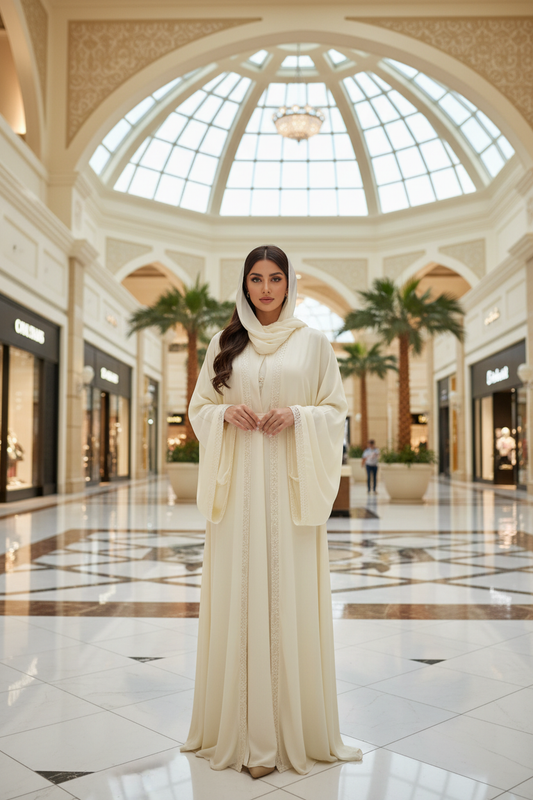 Femme brune portant une abaya crème dans un mall de Dubaï